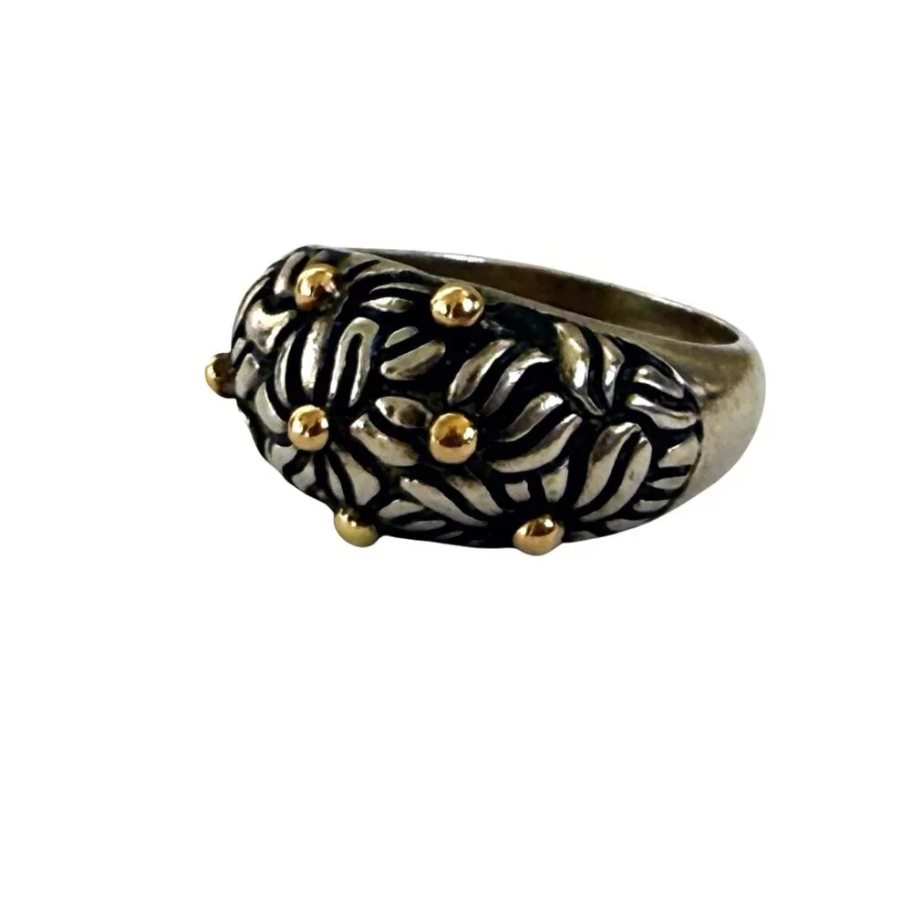 Vintage 90's 925 silver Floral Dome Ring Gold Vermeil Dots 6.4g Size 6 3/4 - Picture 5 of 12
